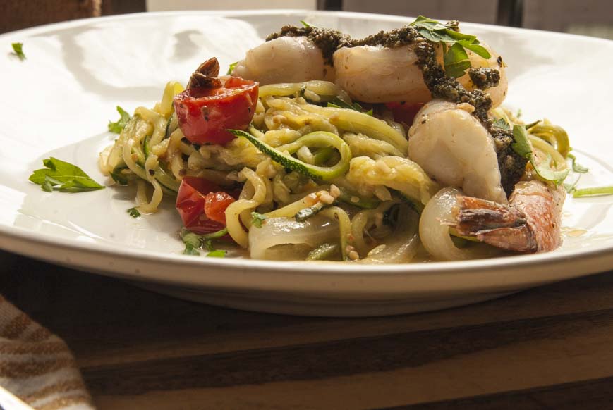 Pesto Shrimp Zucchini Noodles - The Seasonal Junkie