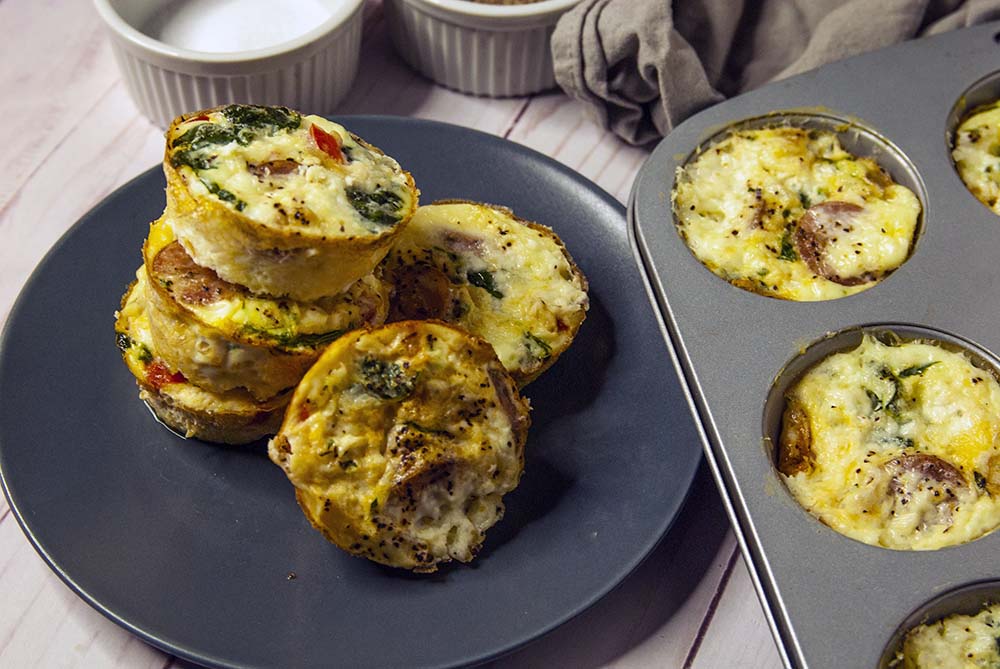 Stacked Egg Muffins on blue plate