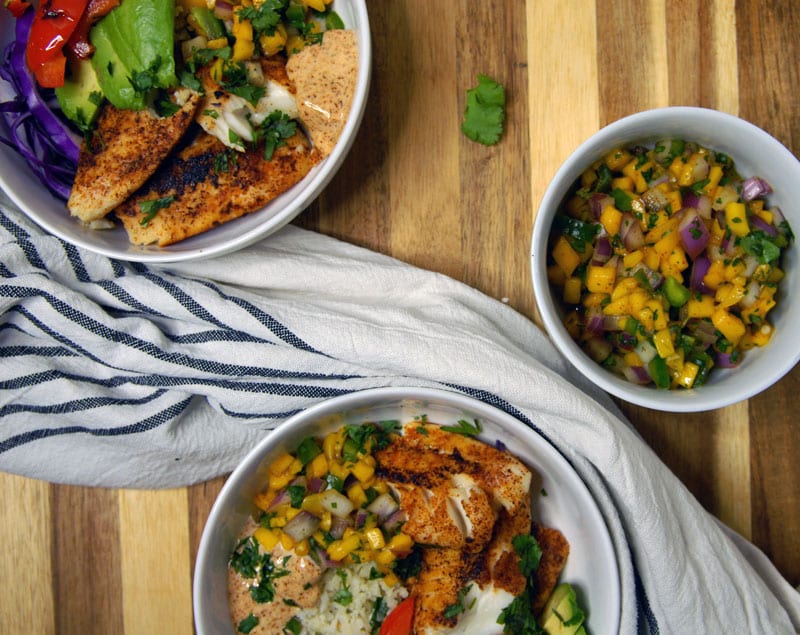 Whole30 Fish Taco Bowl with Cilantro Lime Cauliflower Rice