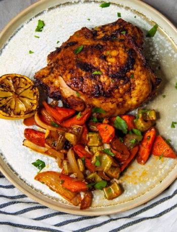 Harissa Chicken Thighs with Roasted Veggies- The Seasonal Junkie