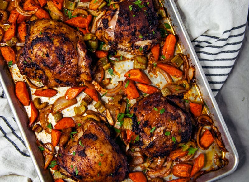 Harissa Chicken Thighs with Roasted Veggies- The Seasonal Junkie