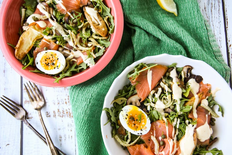 Salmon Benedict Arugula Breakfast Salad- The Seasonal Junkie