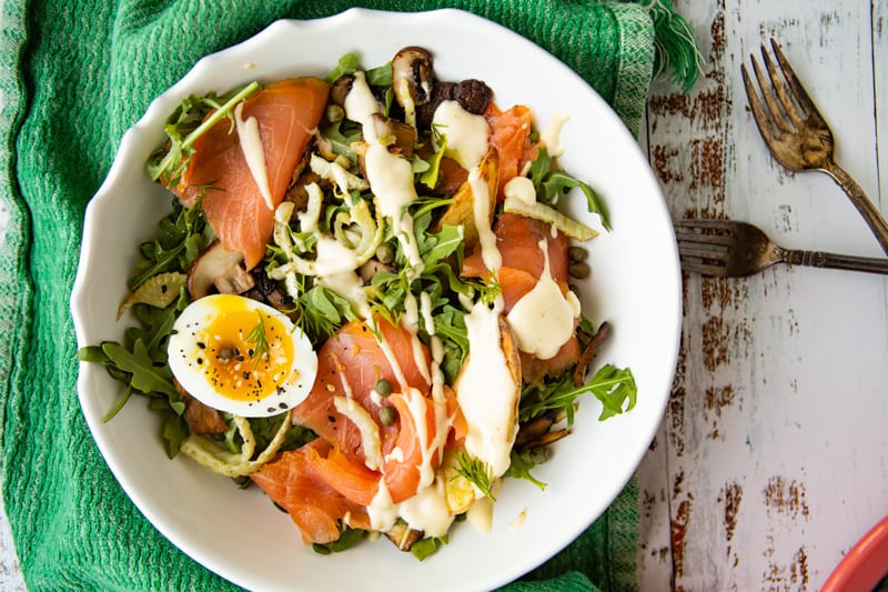 Salmon Benedict Arugula Breakfast Salad- The Seasonal Junkie