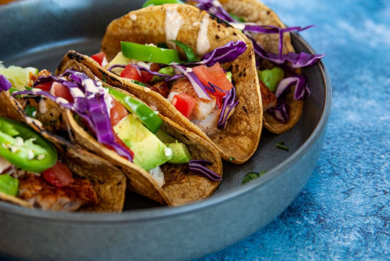 Close up shot of Fish Tacos on Dinner Plate