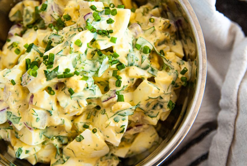 Close Up of Egg Salad in Metal Mixing Bowl