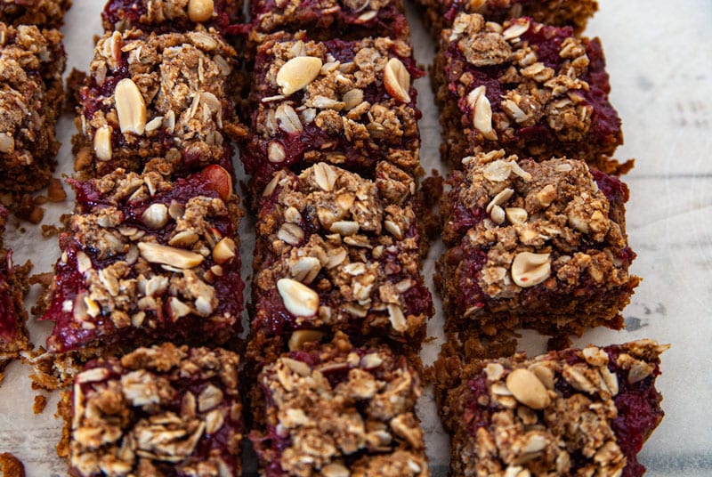 Overhead shot of squared PB & J Oatmeal bars