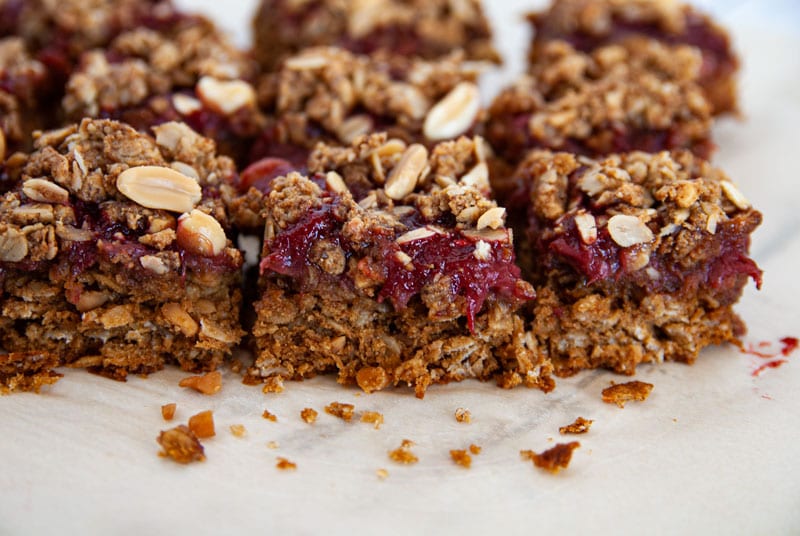 Side view of squared PB & J Oatmeal Bars