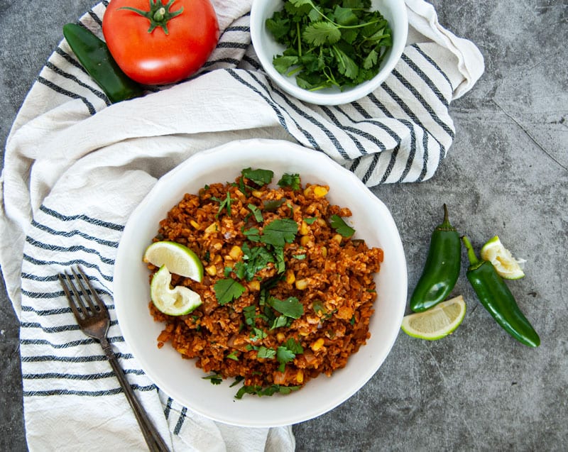 Overhead Shot of Cauliflower Mexican Rice with Tomatoes and Jalepenos