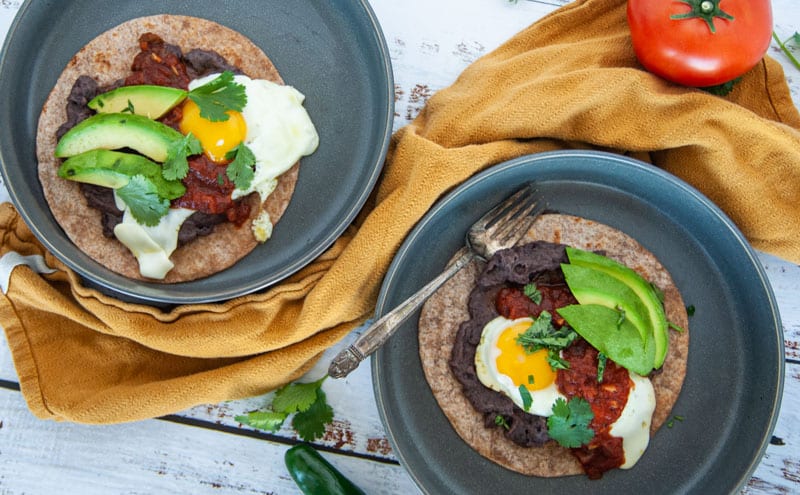 Overhead shot of a traditional mexican breakfast dish easy huevos rancheros