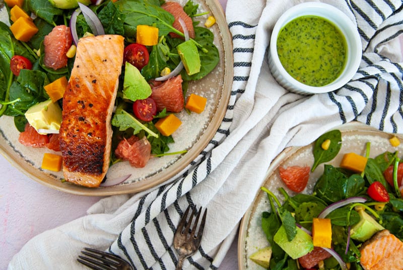 Overhead view of Salmon Avocado Salad with Grapefruit Vinaigrette