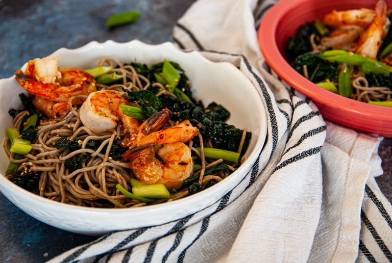 Side shot of Sesame Kale Cold Soba Noodle Salad with Shrimp