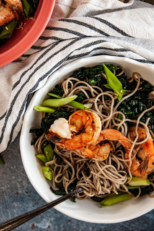 Overhead shot of Sesame Kale Cold Soba Noodle Salad with Shrimp