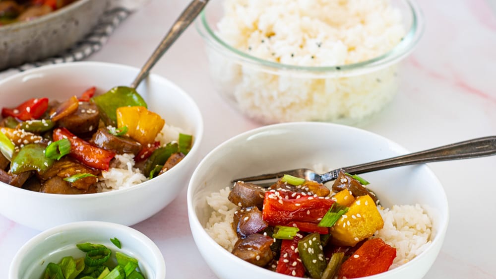 Shot of Chicken Sausage Hawaiian Bowl with homemade teriyaki over rice