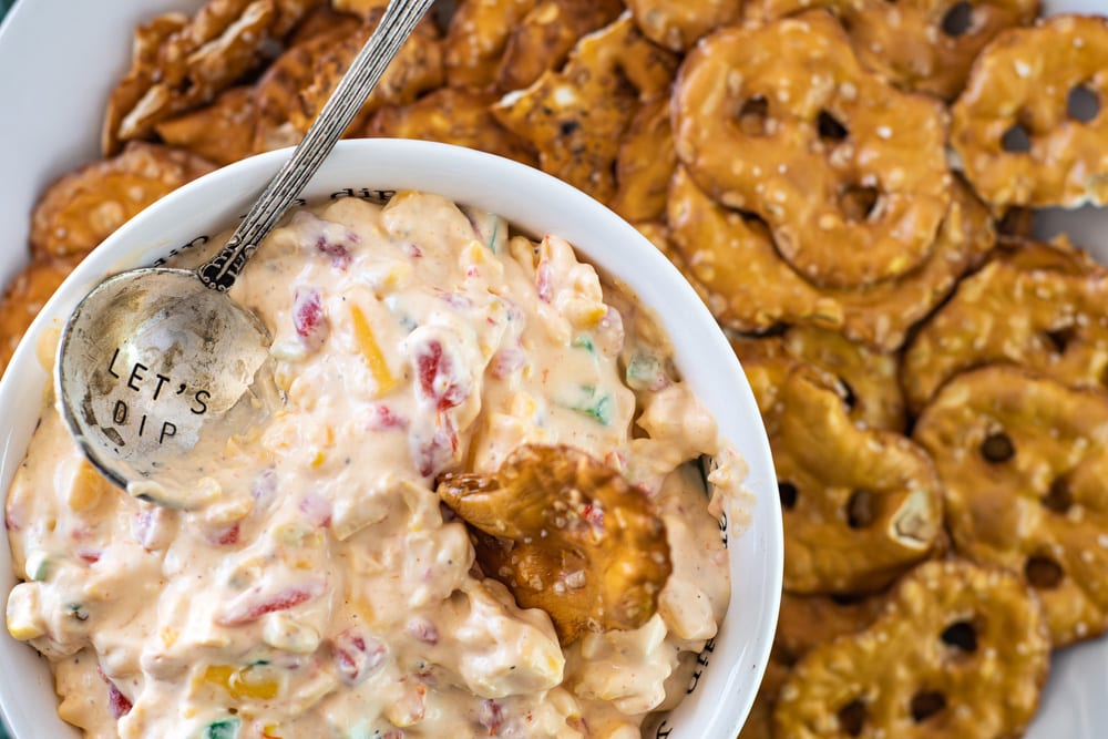 Roasted Corn and Jalapeno Pimento Spread with Pretzel Crackers and Spoon