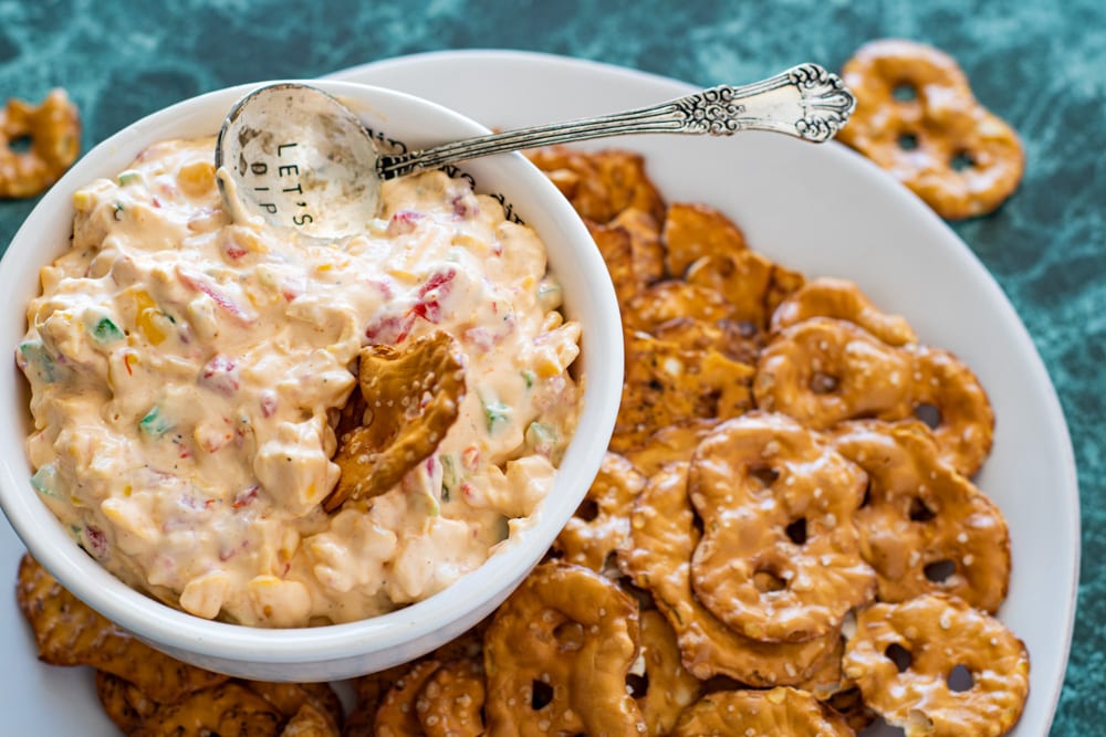 Roasted Corn and Jalapeno Pimento Spread with Pretzel Crackers and Spoon