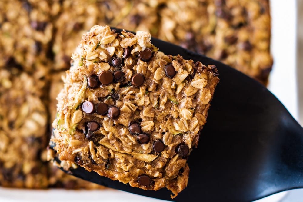 Close up of Chocolate Chip Zucchini Bread Oat bake 