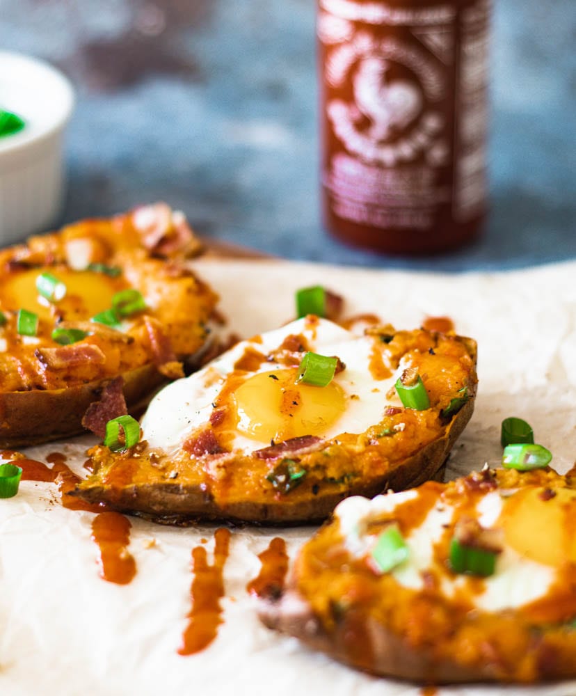 Side shot of Sriracha Breakfast Twice Baked Sweet Potatoes