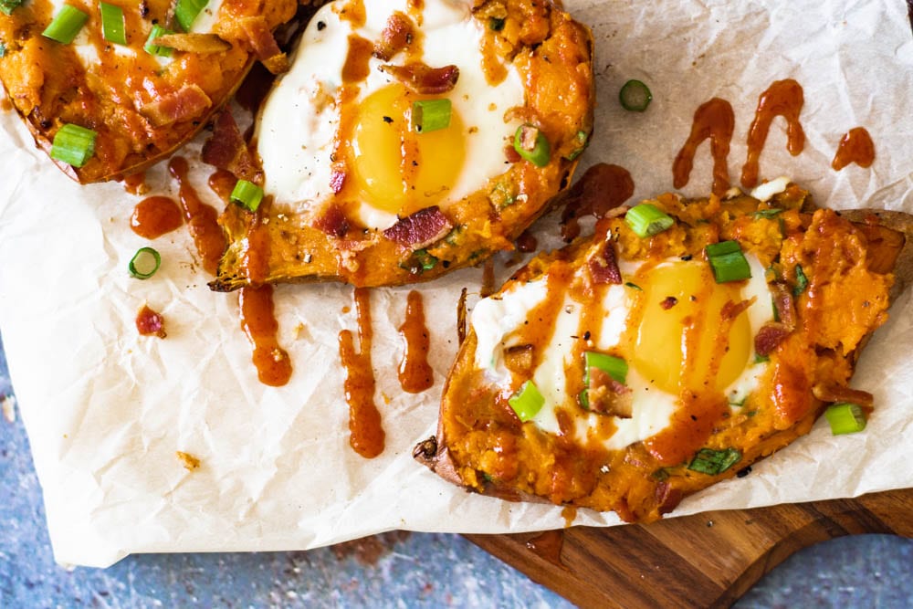 Overhead shot of Sriracha Breakfast Twice Baked Sweet Potatoes