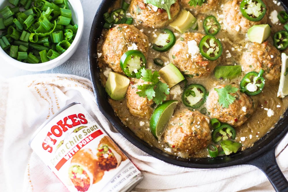 New Mexican Meatballs with stokes green chili