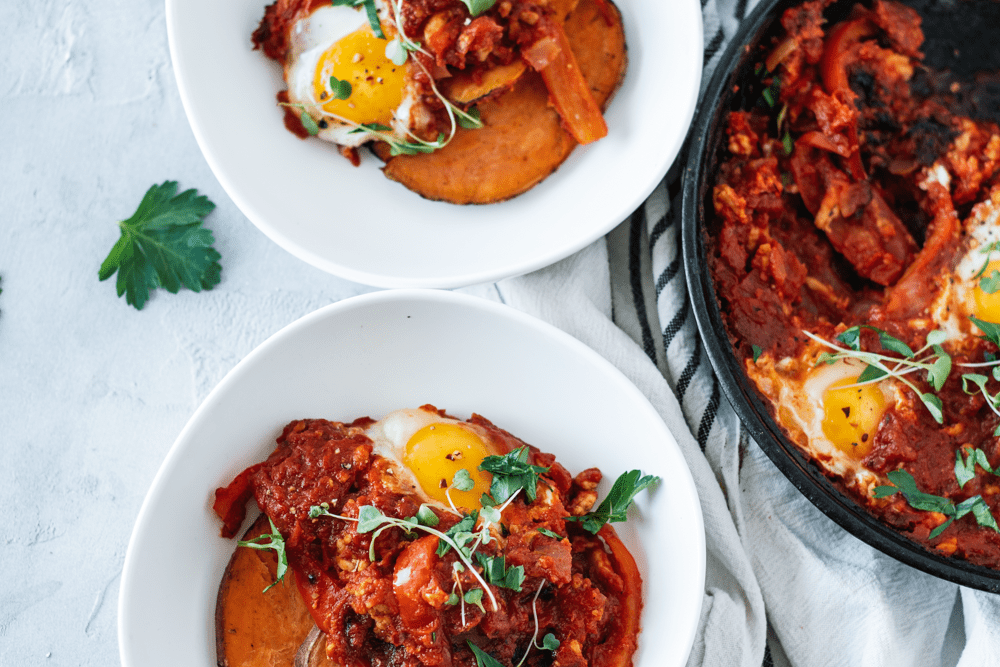 Two dishes with Whole30 Shakshuka with Harissa Ground Turkey 