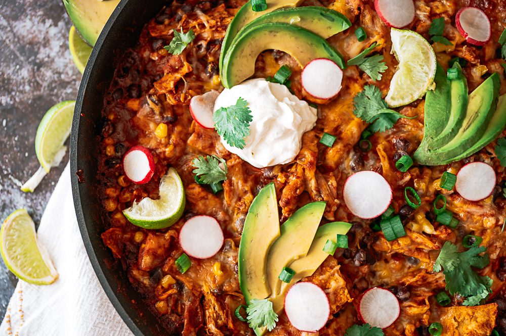 Close up of One-Pan Enchilada Casserole-