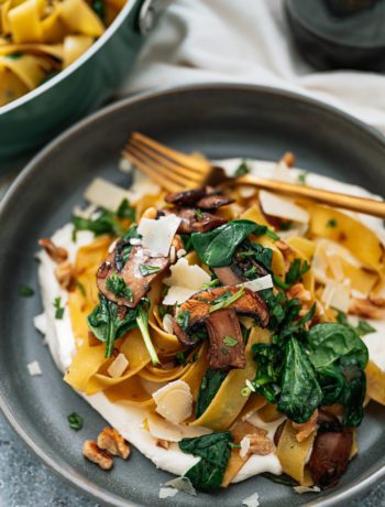 Toasted Walnut, Spinach, and Mushroom Pappardelle over Whipped Ricotta