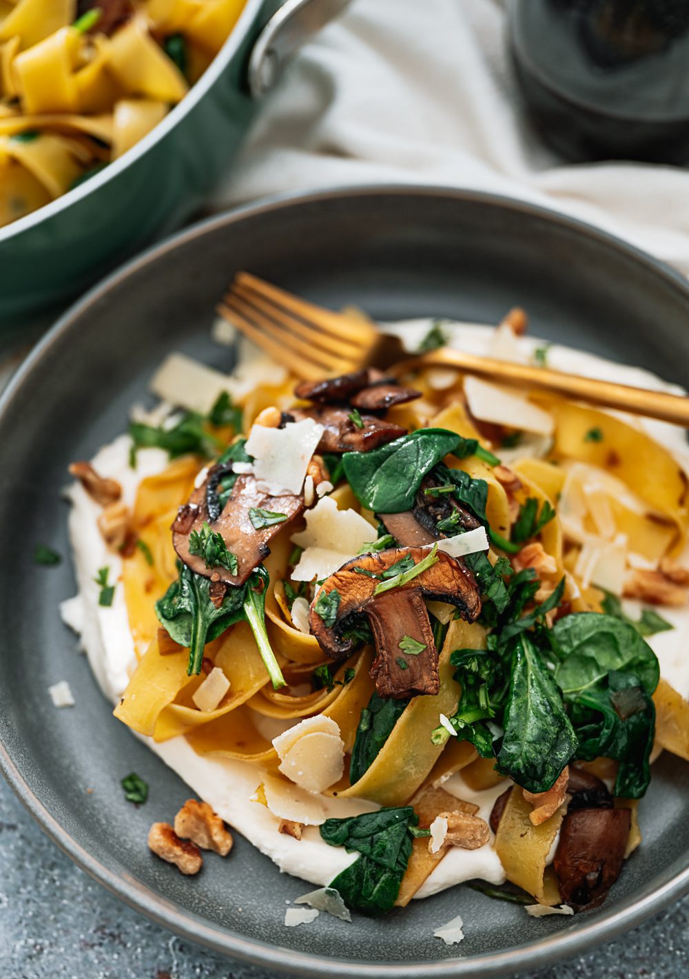 Toasted Walnut, Spinach, and Mushroom Pappardelle over Whipped Ricotta ...