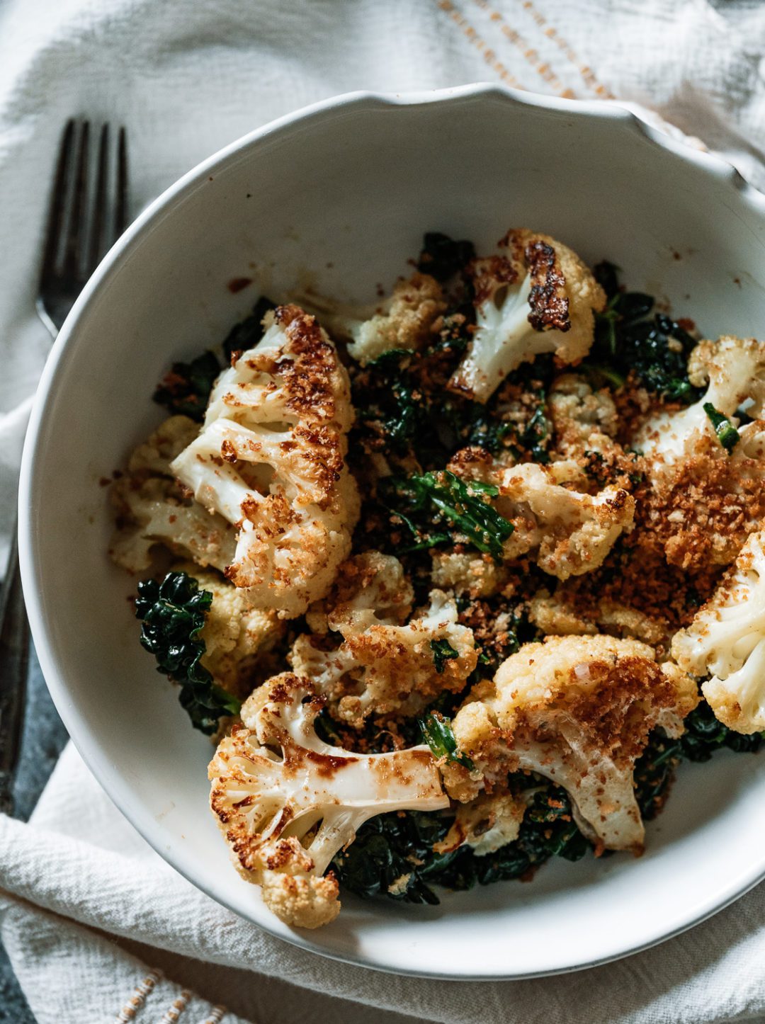Roasted Cauliflower and Kale Winter Salad with Lemon Caper Vinaigrette